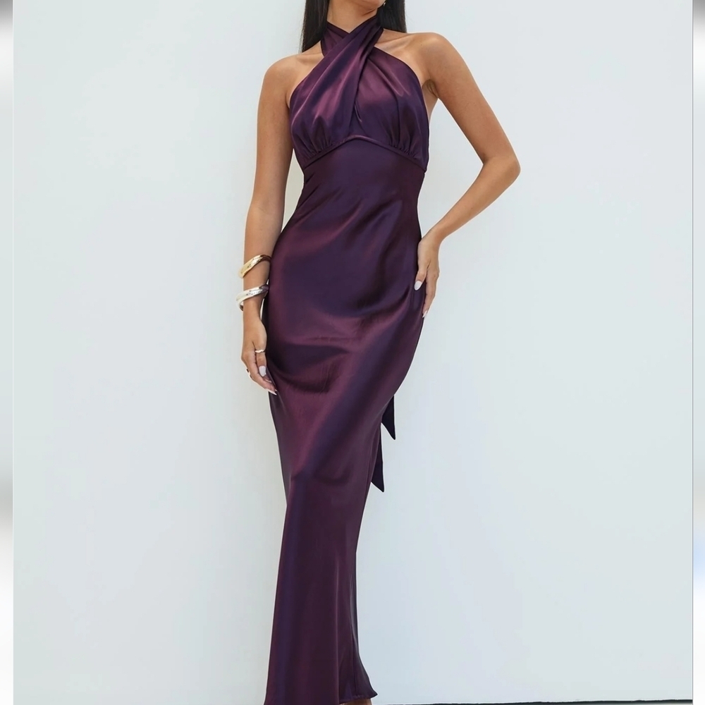 Princess Polly Satin Halter Maxi Dress in Rich Plum Size 12